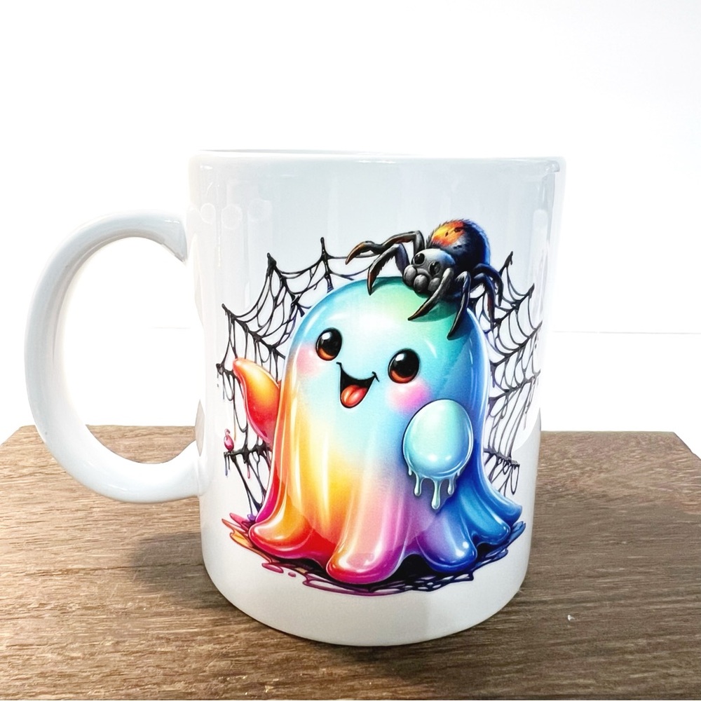 Halloween Coffee Mug 11 oz – Cute Rainbow Ghost with Spider & Web